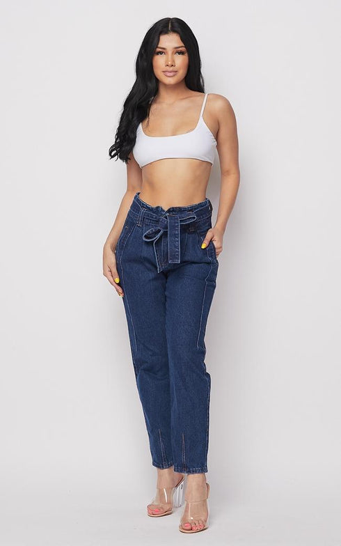 Belted Front Tie Denim Mom Jeans in Dark Denim - SohoGirl.com